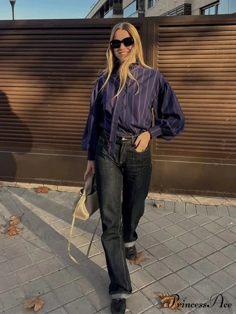 Tie Up Crash Striped Circular Neck Blouse - Image 4