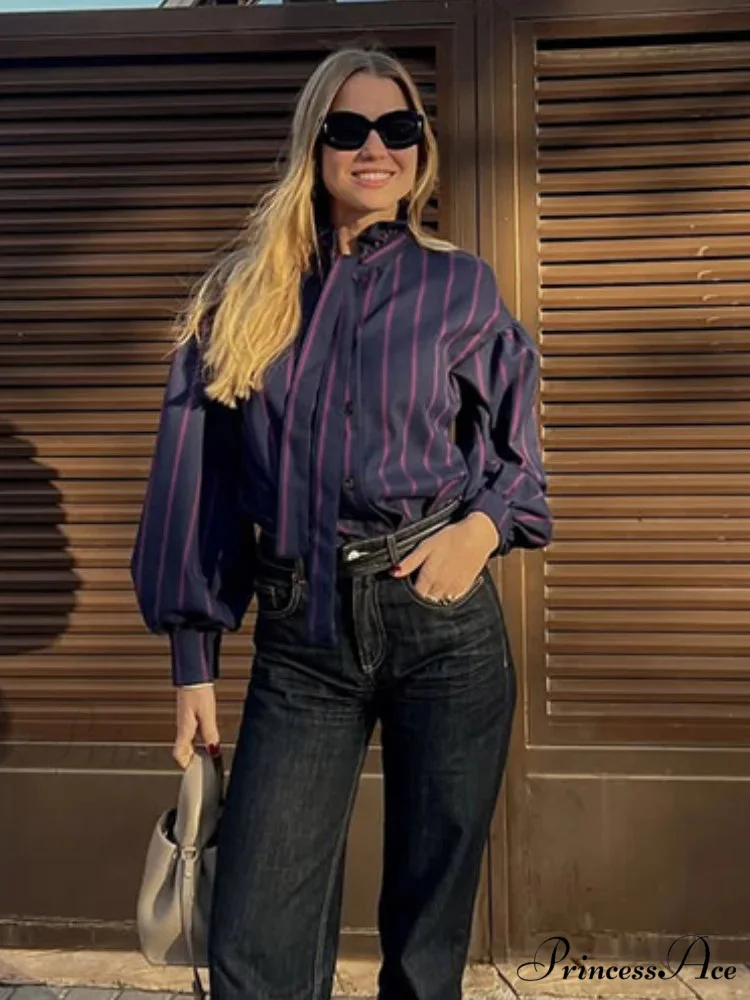 Tie Up Crash Striped Circular Neck Blouse - Image 5