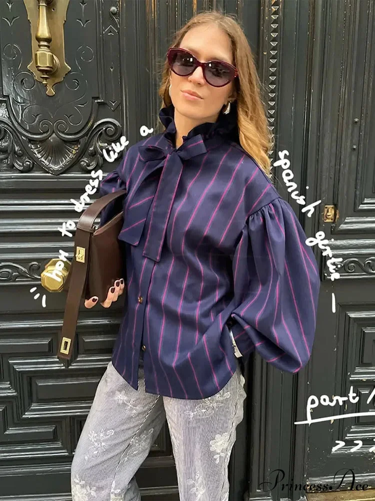 Tie Up Crash Striped Circular Neck Blouse - Image 7