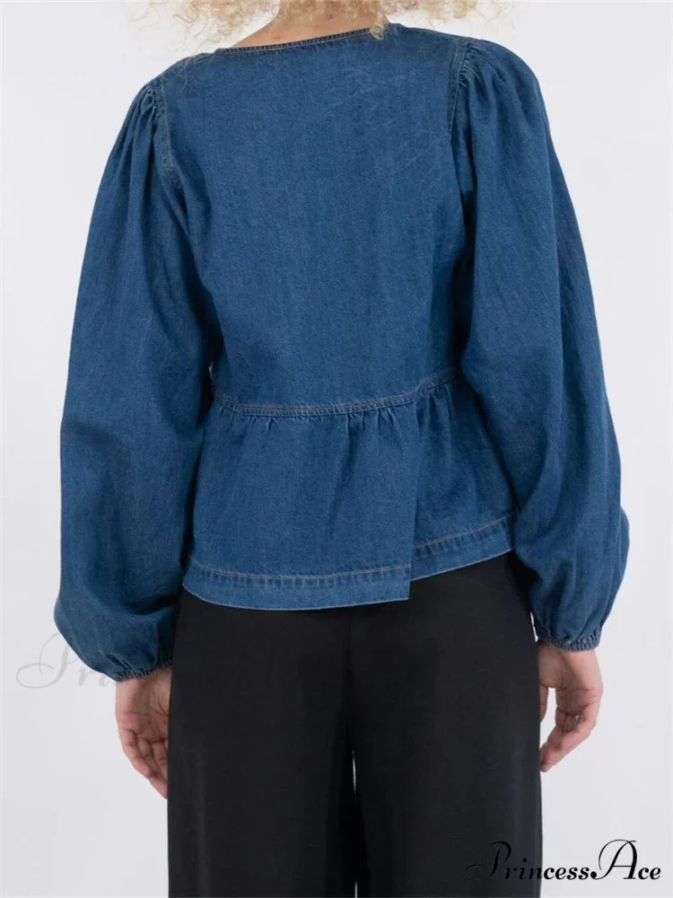 Tie-Up Jeans V-neck Blouse - Image 2