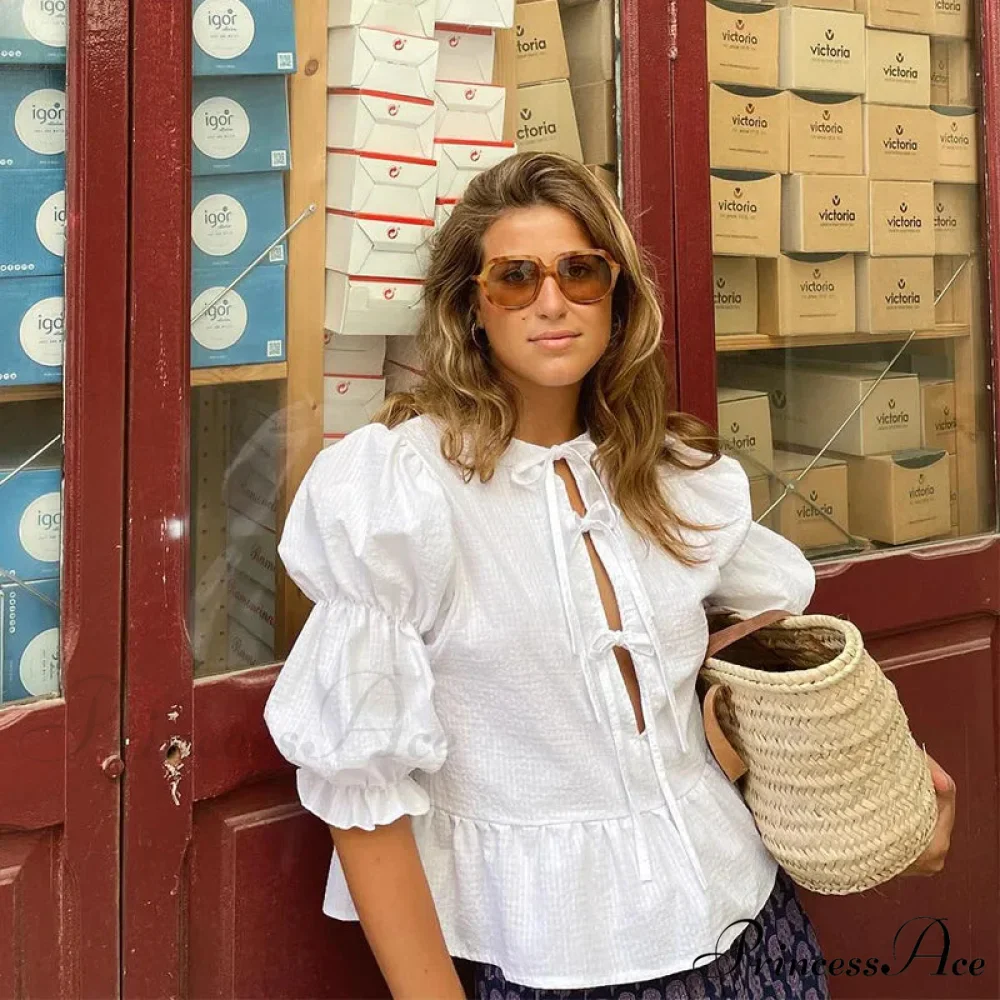 Tie-Up Lace-Up Puff Sleeve Midi Blouse - Image 5
