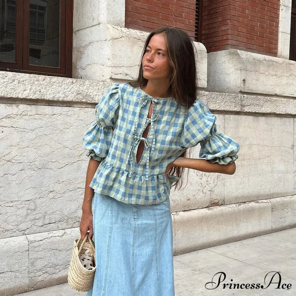 Tie-Up Lace-Up Puff Sleeve Midi Blouse - Image 6