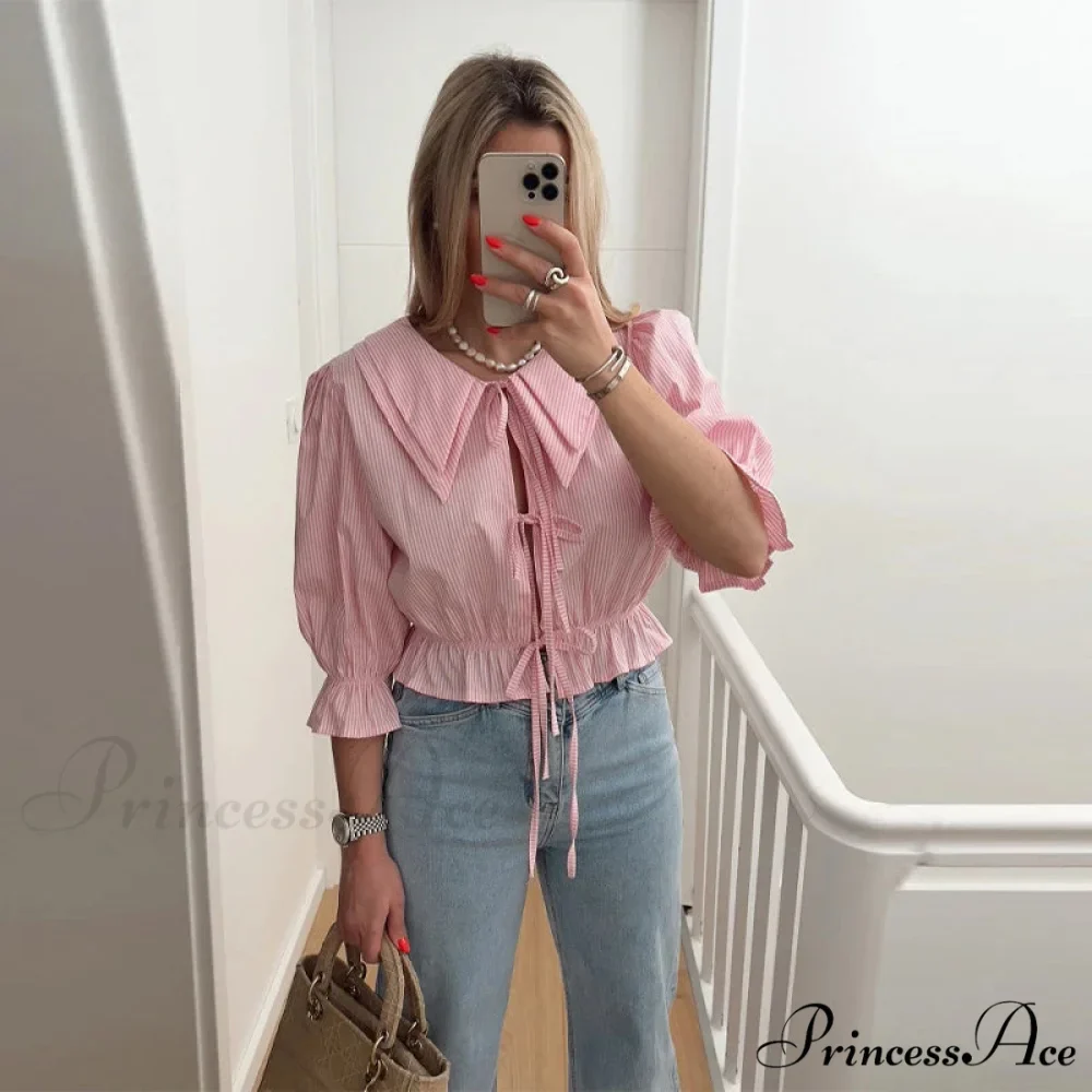 Tie-Up Lace-Up Puff Sleeve Midi Blouse - Image 7