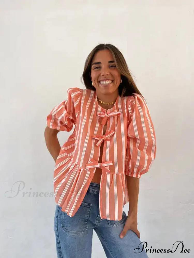 Tie-Up Lace-Up Puff Sleeve Midi Blouse - Image 8