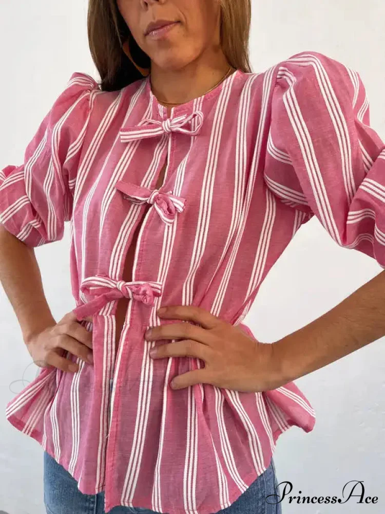 Tie-Up Lace-Up Puff Sleeve Midi Blouse - Image 9