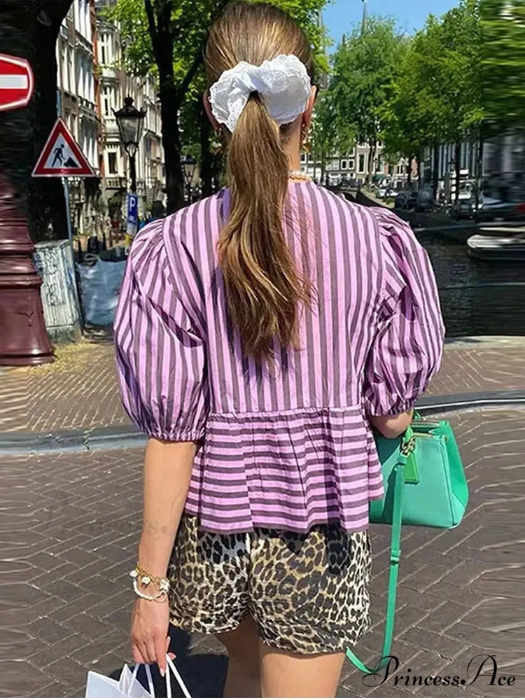 Tie Up Striped Round-neck Baggy Short Sleeve Blouse - Image 2