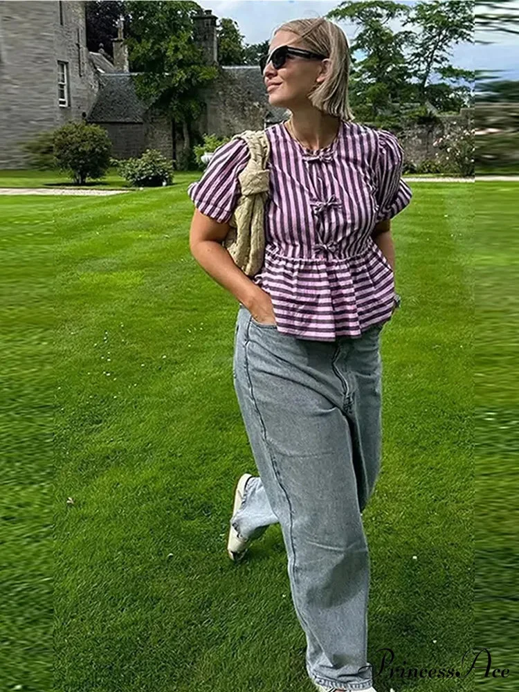 Tie Up Striped Round-neck Baggy Short Sleeve Blouse - Image 5