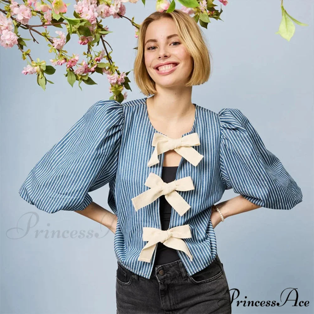 Tie Up Striped Round-neck Baggy Short Sleeve Blouse - Image 6