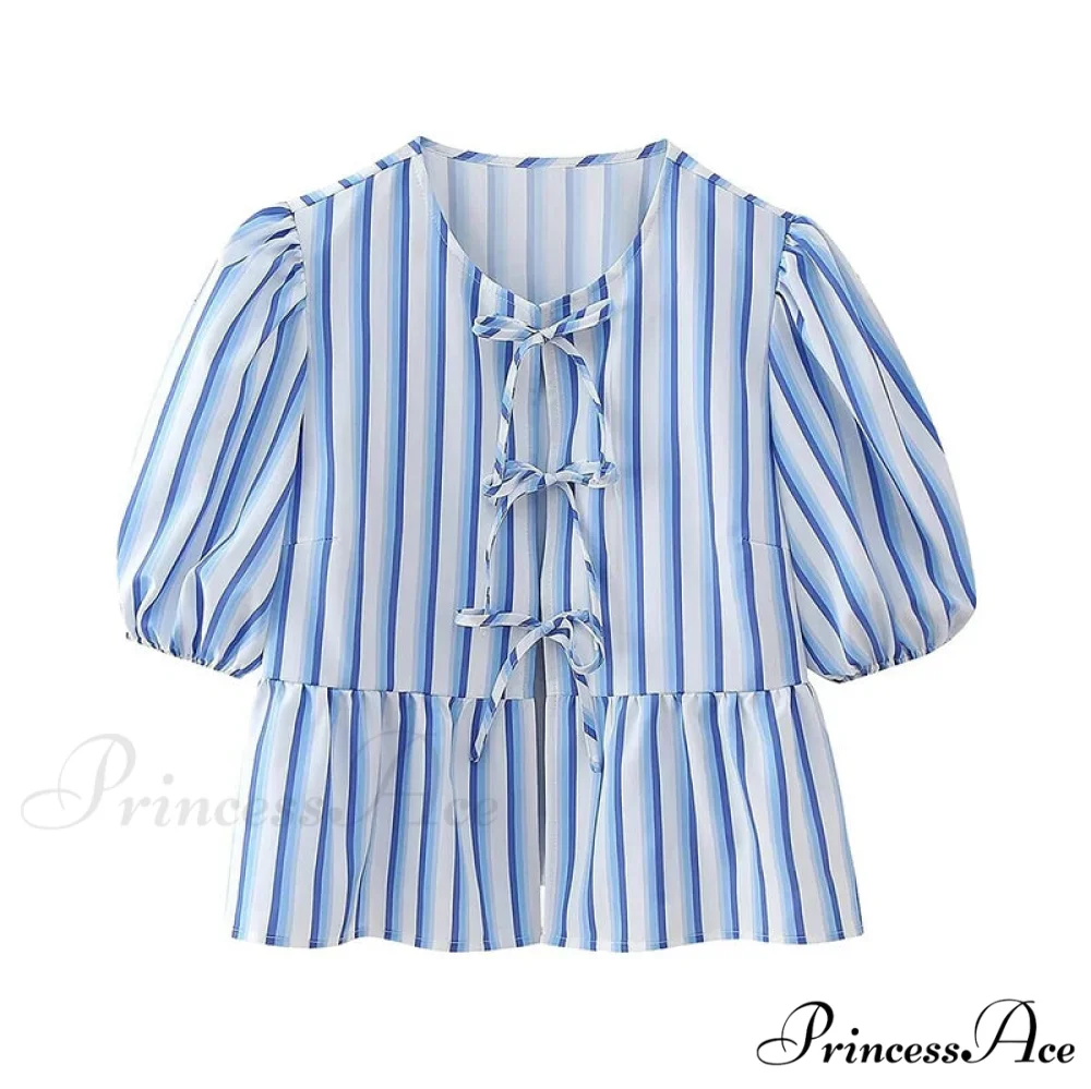 Tie Up Striped Round-neck Baggy Short Sleeve Blouse - Image 7