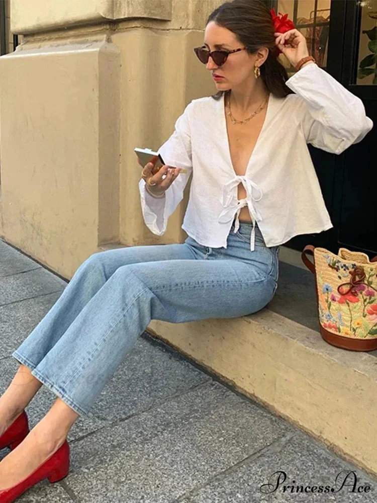 Tie-Up V-neck Relaxed Informal Long Sleeve Blouse - Image 3