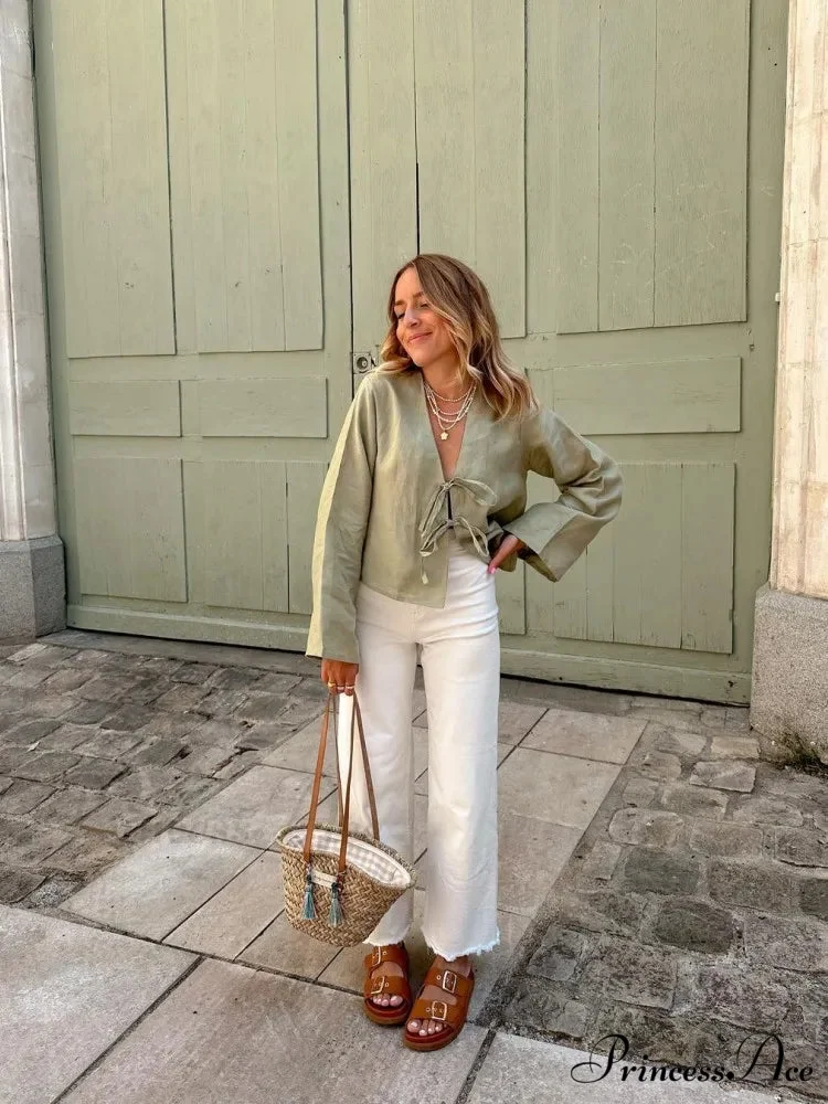 Tie-Up V-neck Relaxed Informal Long Sleeve Blouse - Image 5