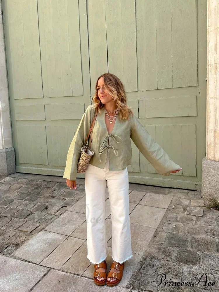 Tie-Up V-neck Relaxed Informal Long Sleeve Blouse - Image 6