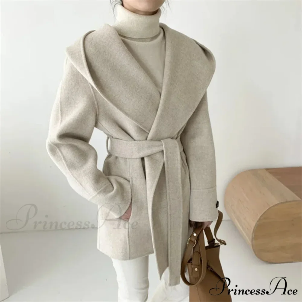 Tie-Up Woolen Hooded Coat Overcoat - Image 2