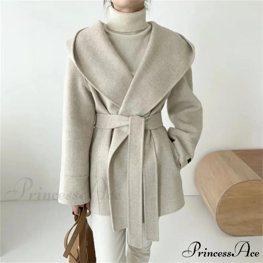 Tie-Up Woolen Hooded Coat Overcoat - Image 3