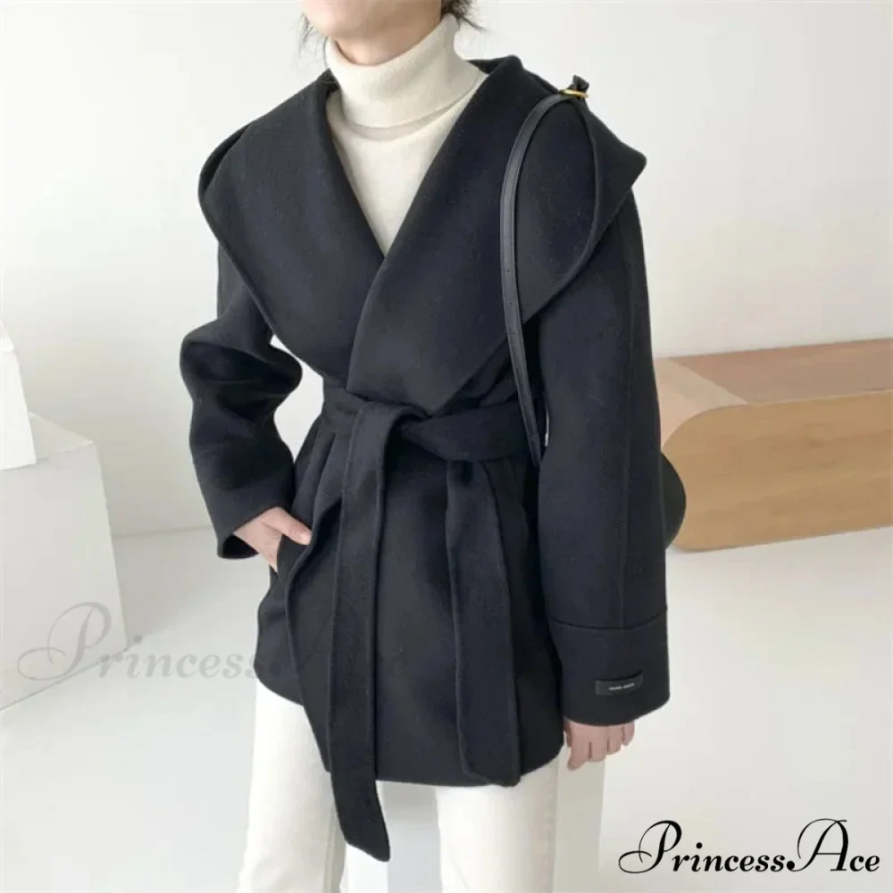 Tie-Up Woolen Hooded Coat Overcoat - Image 4