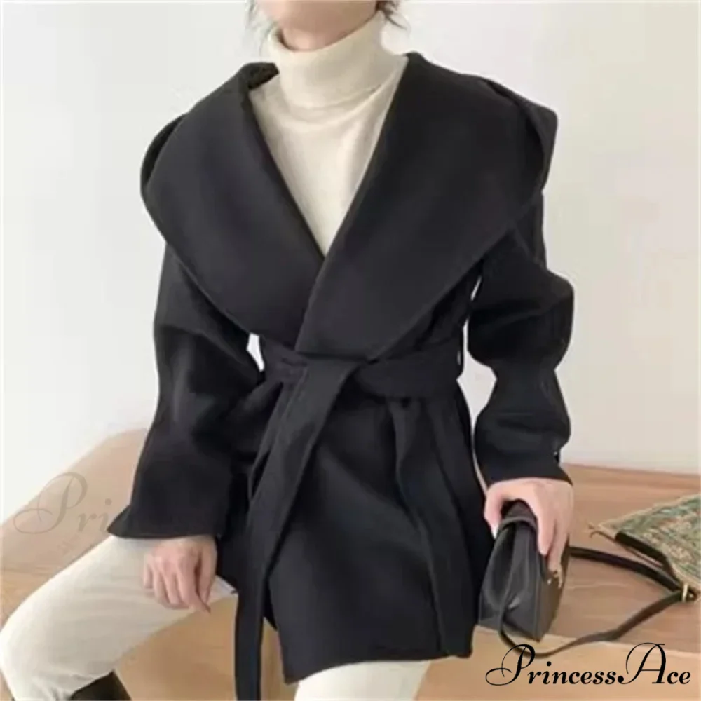 Tie-Up Woolen Hooded Coat Overcoat - Image 6