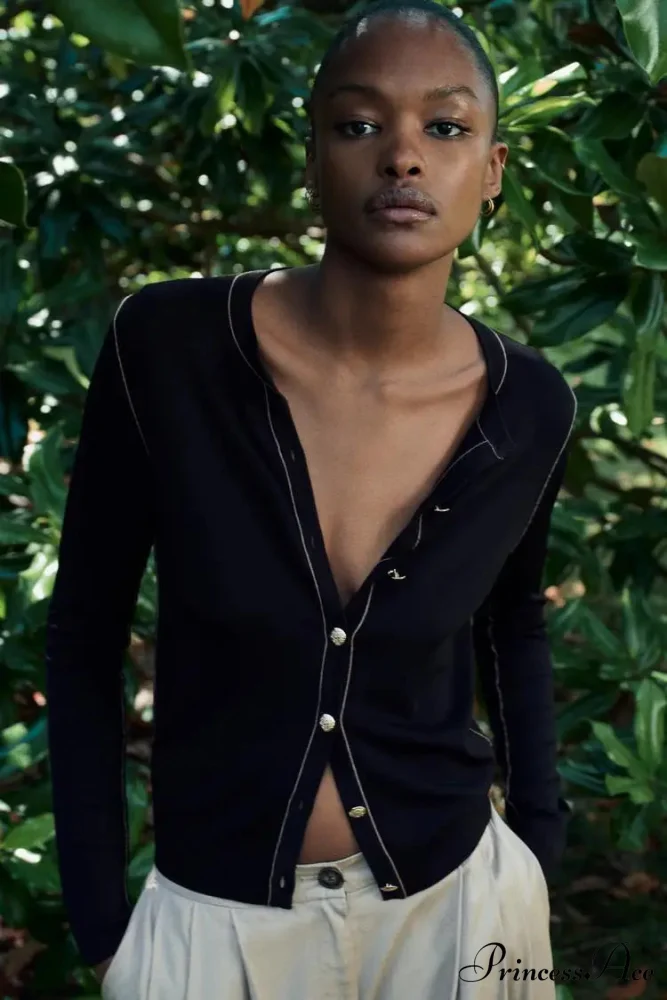 Tight Fit Contrast Border Circular Neck Cardigan - Image 2