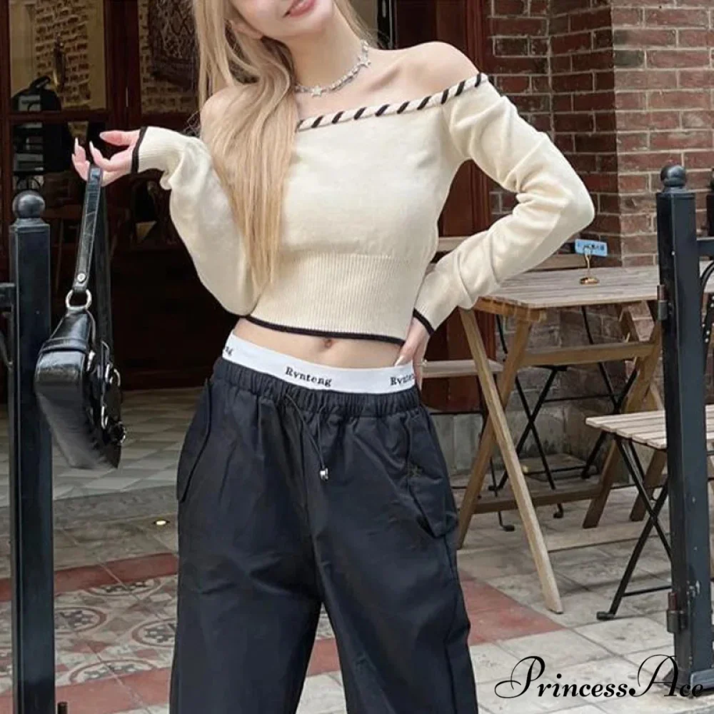 Tight Fit Korean Off-Shoulder Knitted Boat Neck Knit Top - Image 2