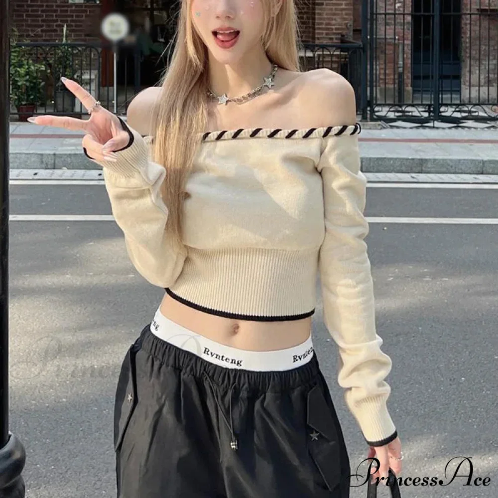 Tight Fit Korean Off-Shoulder Knitted Boat Neck Knit Top - Image 3