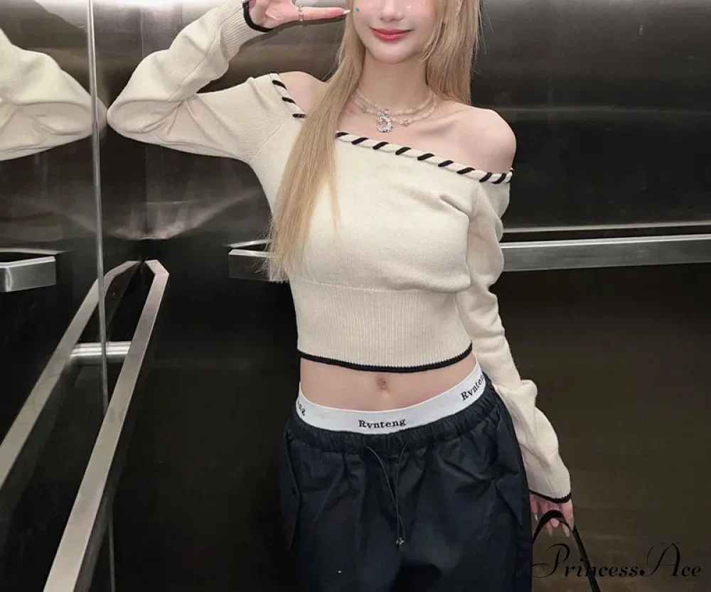 Tight Fit Korean Off-Shoulder Knitted Boat Neck Knit Top - Image 4