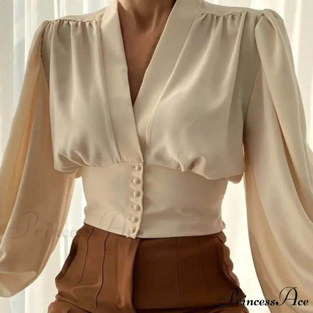 Tight Fit V Neck Cropped Lantern Blouse - Image 2