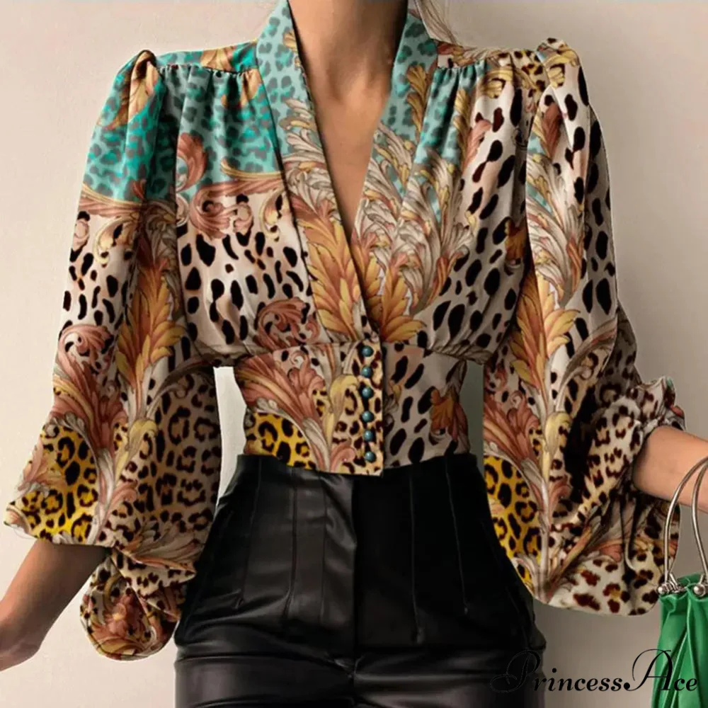 Tight Fit V Neck Cropped Lantern Blouse - Image 3