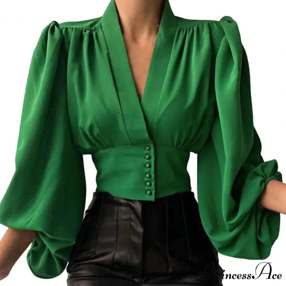 Tight Fit V Neck Cropped Lantern Blouse - Image 4