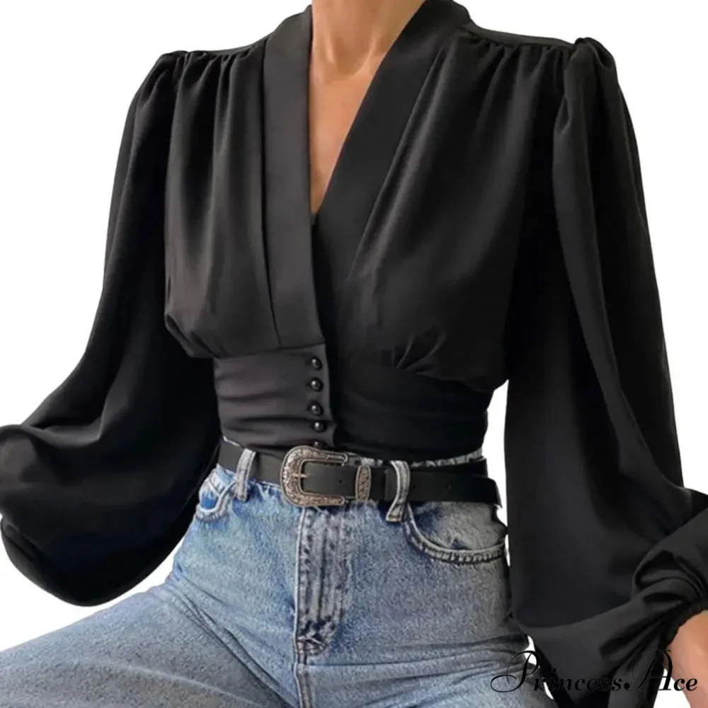 Tight Fit V Neck Cropped Lantern Blouse - Image 5