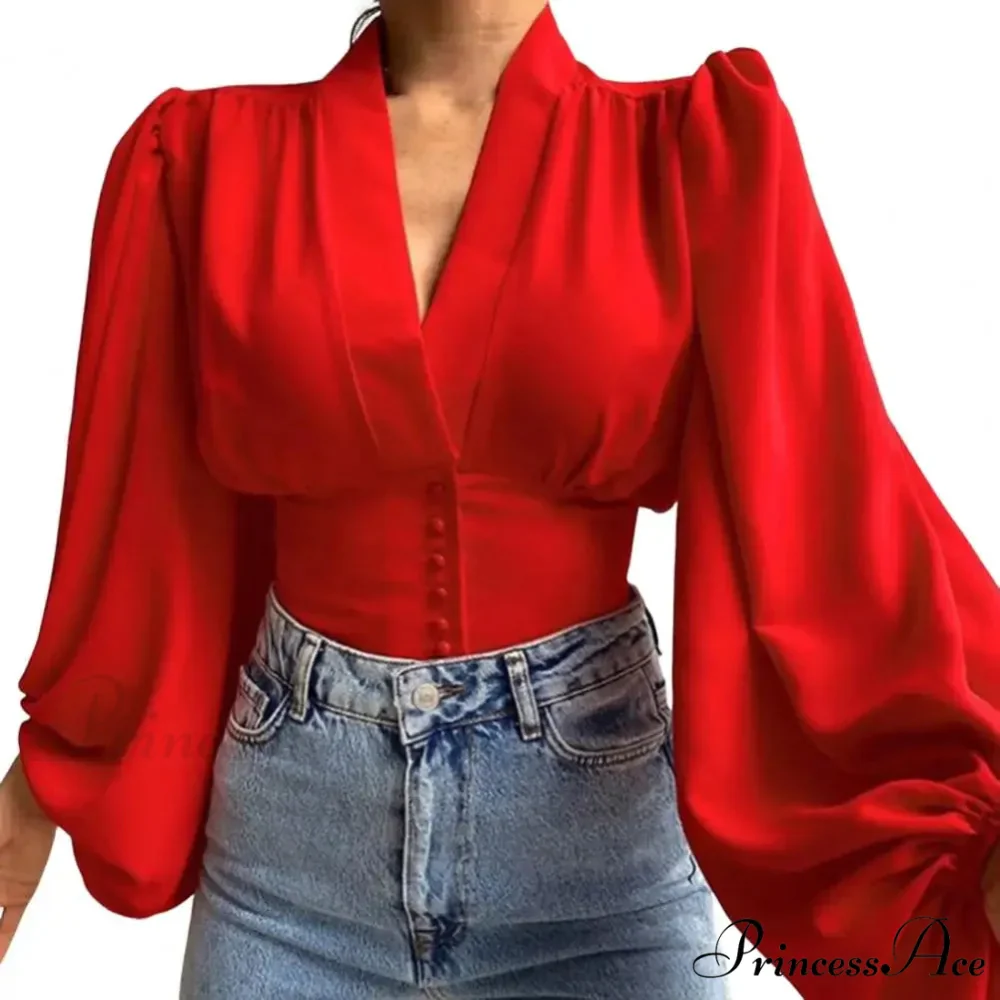 Tight Fit V Neck Cropped Lantern Blouse - Image 6