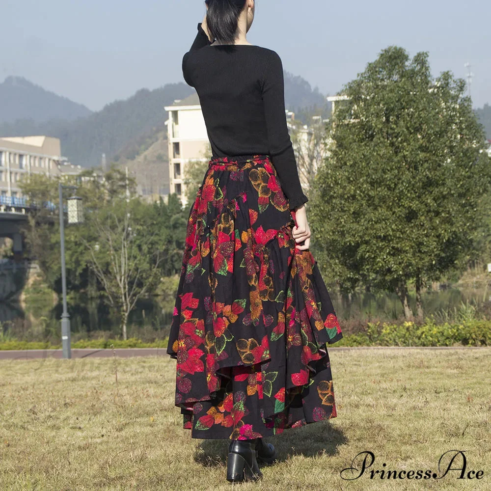 TIYIHAILEY Flower Pattern Long Skirt Stretchy Waist Cotton Linen - Image 2