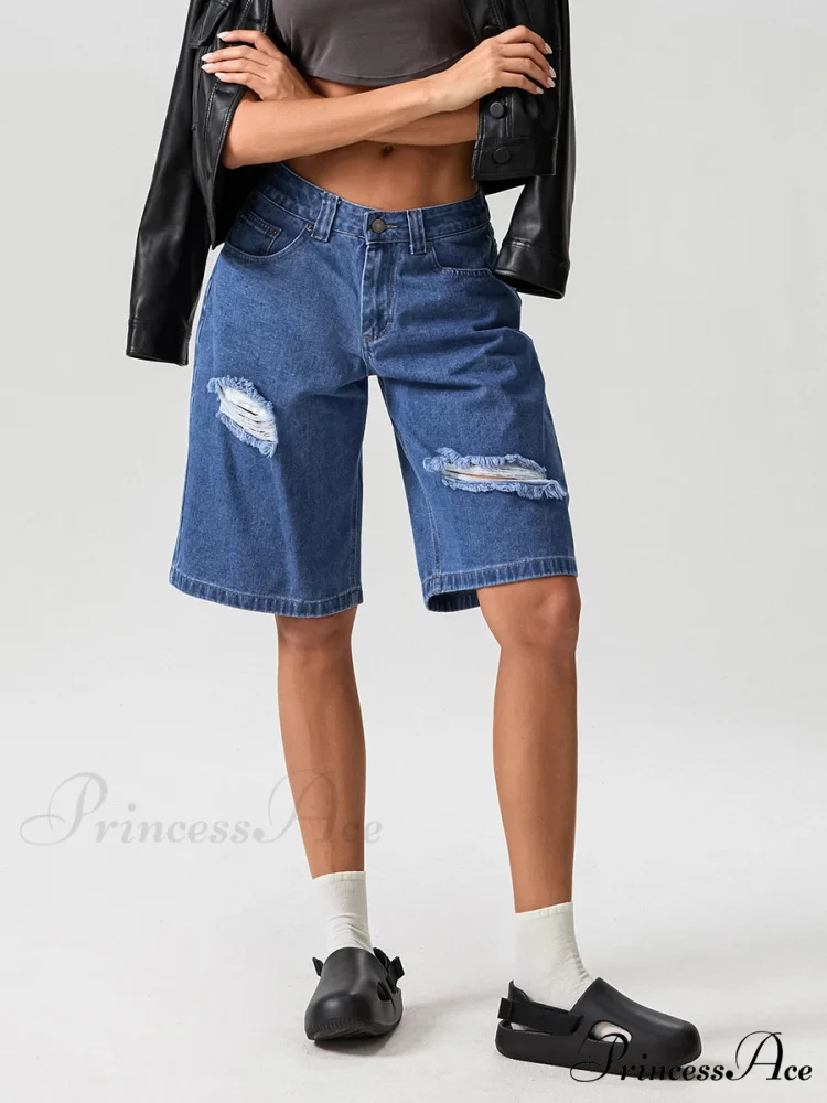 Torn Button Mid-Length Denim Short - Image 2