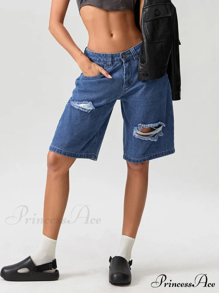 Torn Button Mid-Length Denim Short - Image 3