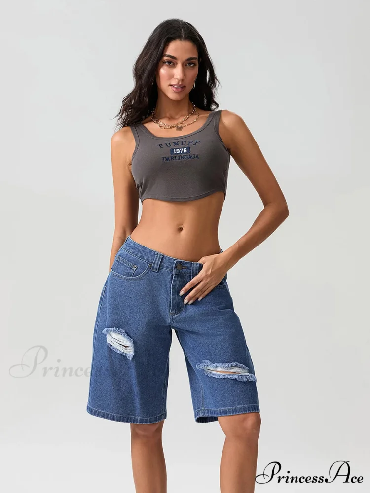 Torn Button Mid-Length Denim Short - Image 4