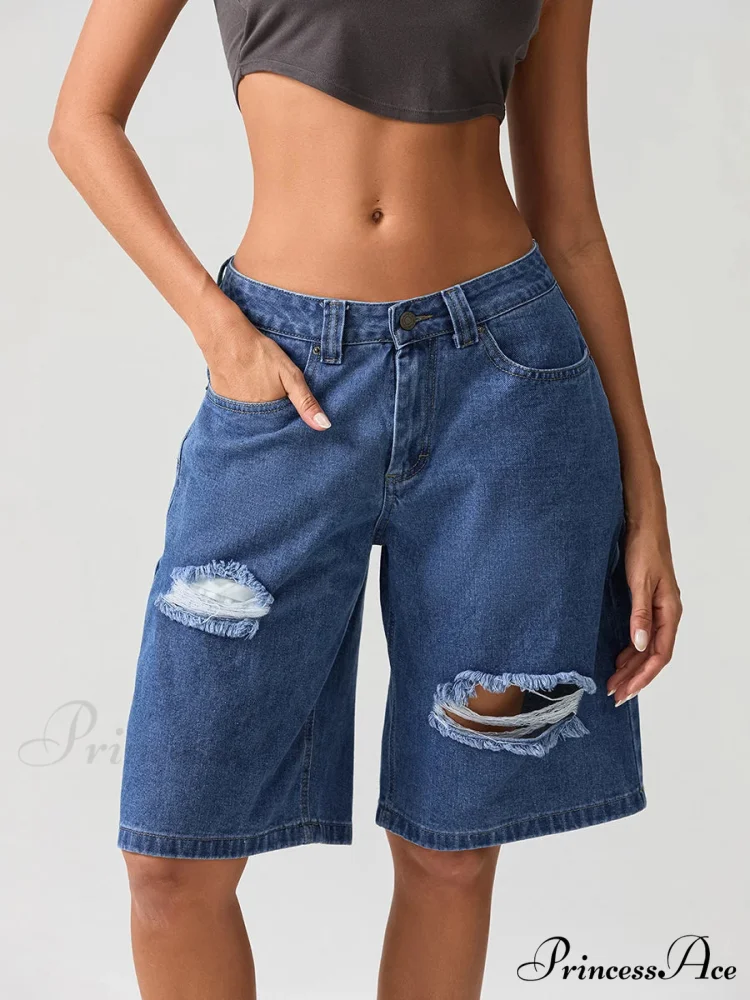 Torn Button Mid-Length Denim Short - Image 5