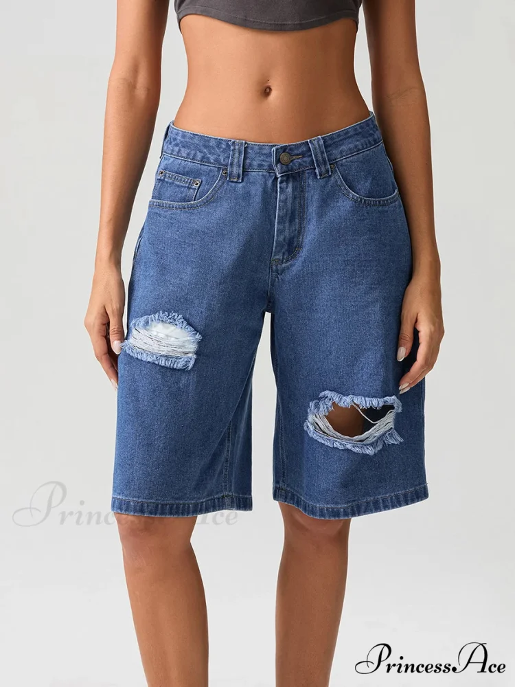 Torn Button Mid-Length Denim Short - Image 6