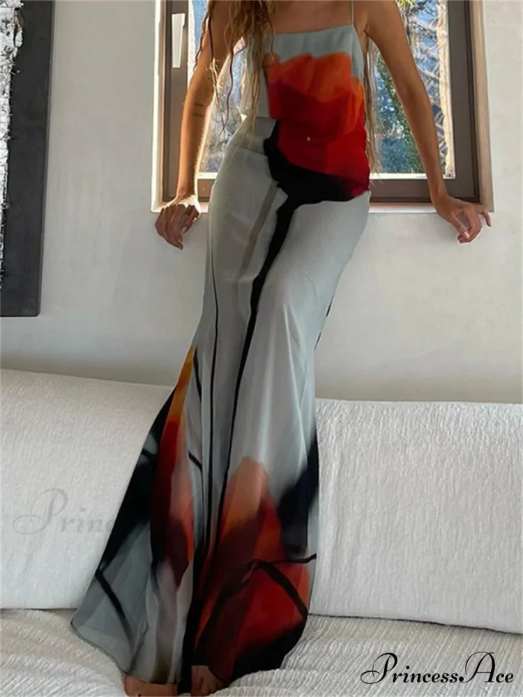 Transparent Abstract Floral Spaghetti Strap Flowy Beach Vacation Dress - Image 2
