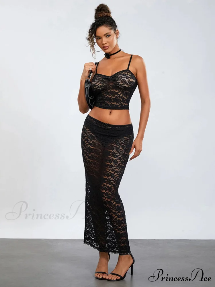 Transparent Ebony Lace Crochet Camisole Crop Top Lengthy Floral Skirt - Image 3