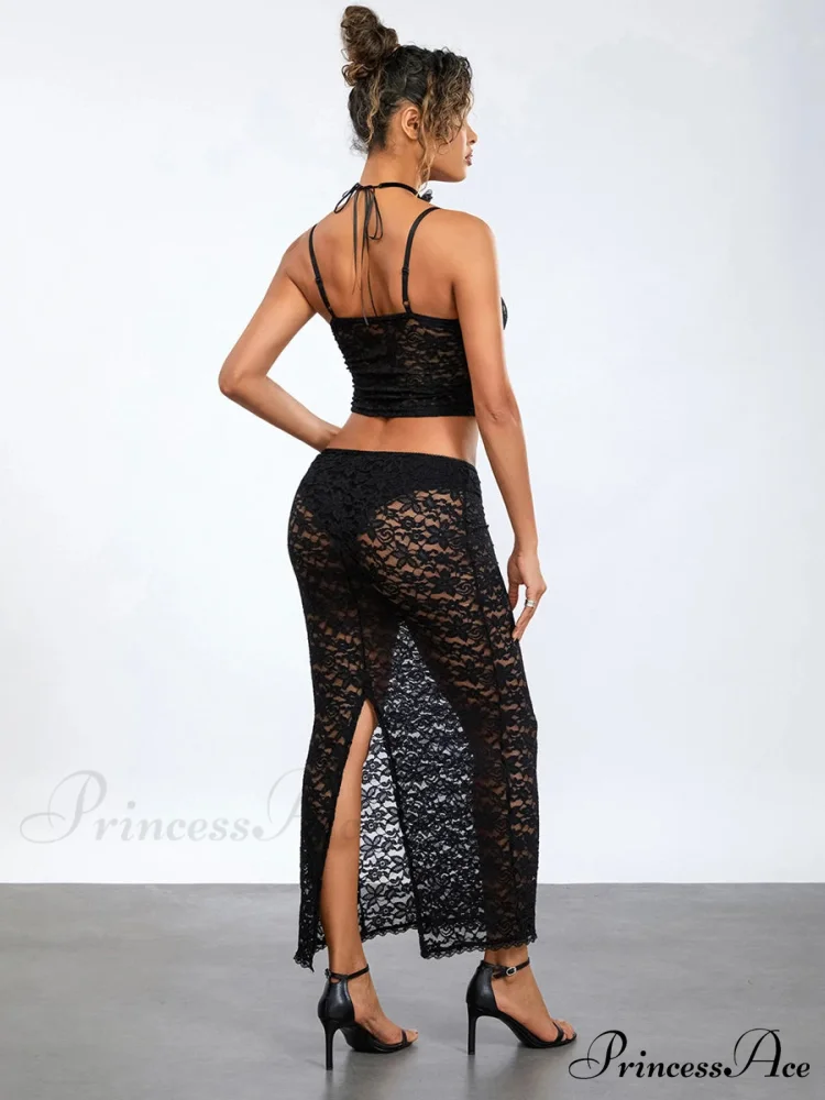 Transparent Ebony Lace Crochet Camisole Crop Top Lengthy Floral Skirt - Image 4