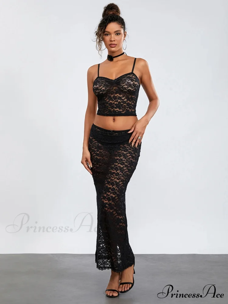 Transparent Ebony Lace Crochet Camisole Crop Top Lengthy Floral Skirt - Image 5