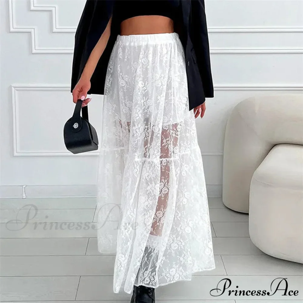Transparent Floral Lace Stretchy High Waist A-Line Maxi Skirt Holiday Celebration - Image 2