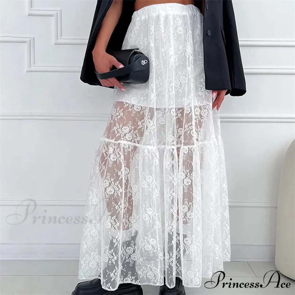 Transparent Floral Lace Stretchy High Waist A-Line Maxi Skirt Holiday Celebration - Image 3