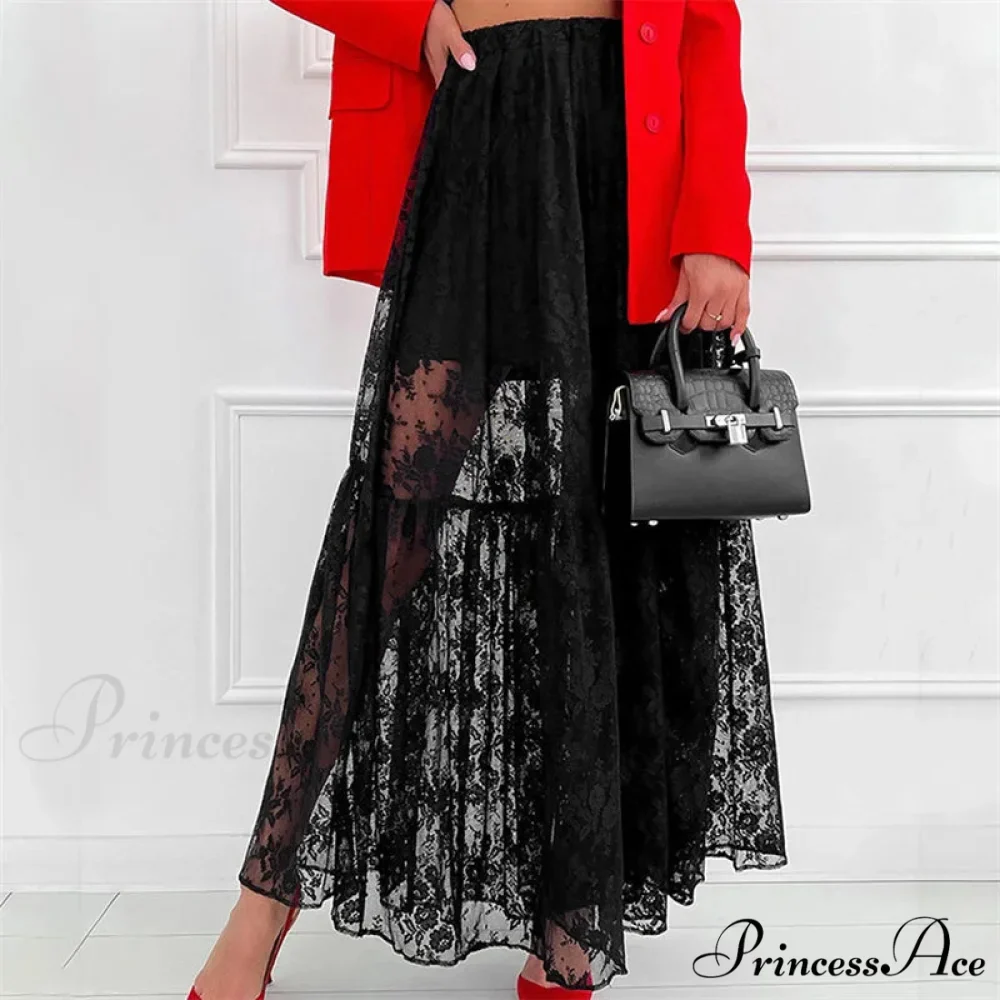Transparent Floral Lace Stretchy High Waist A-Line Maxi Skirt Holiday Celebration - Image 4
