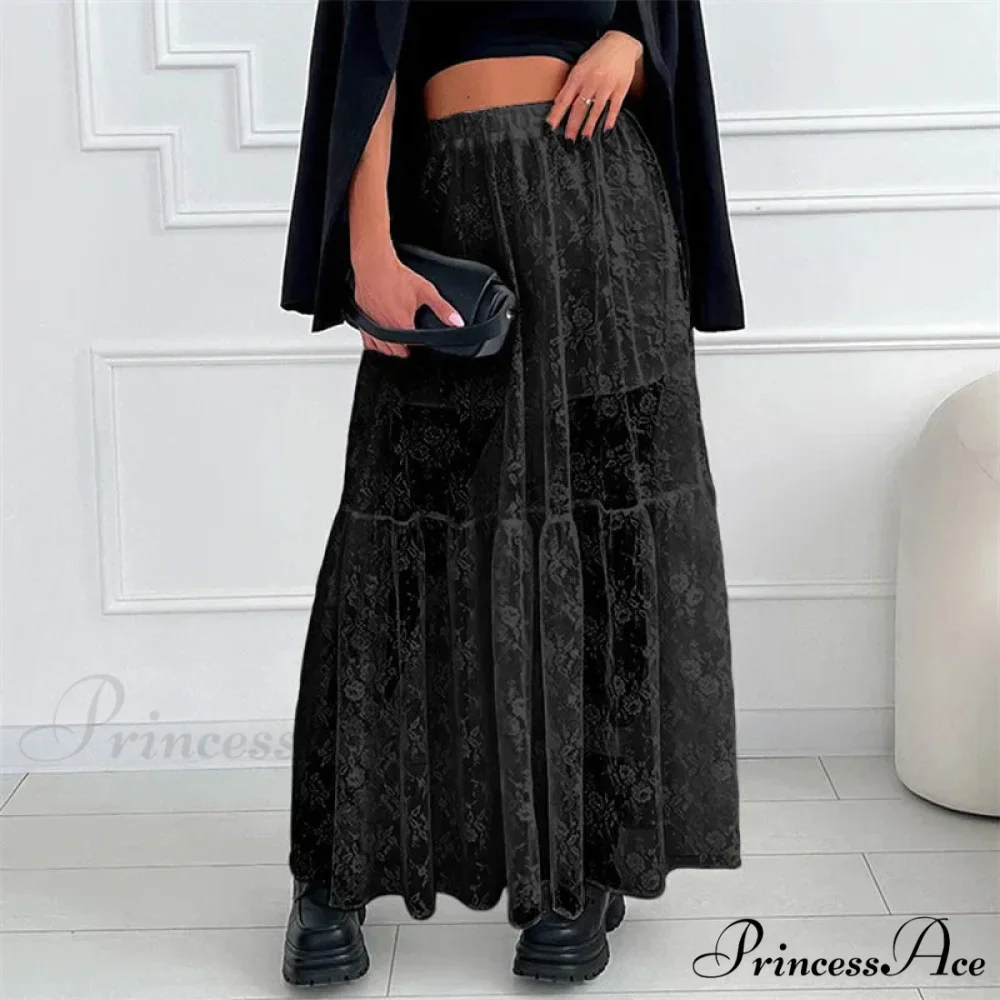 Transparent Floral Lace Stretchy High Waist A-Line Maxi Skirt Holiday Celebration - Image 5