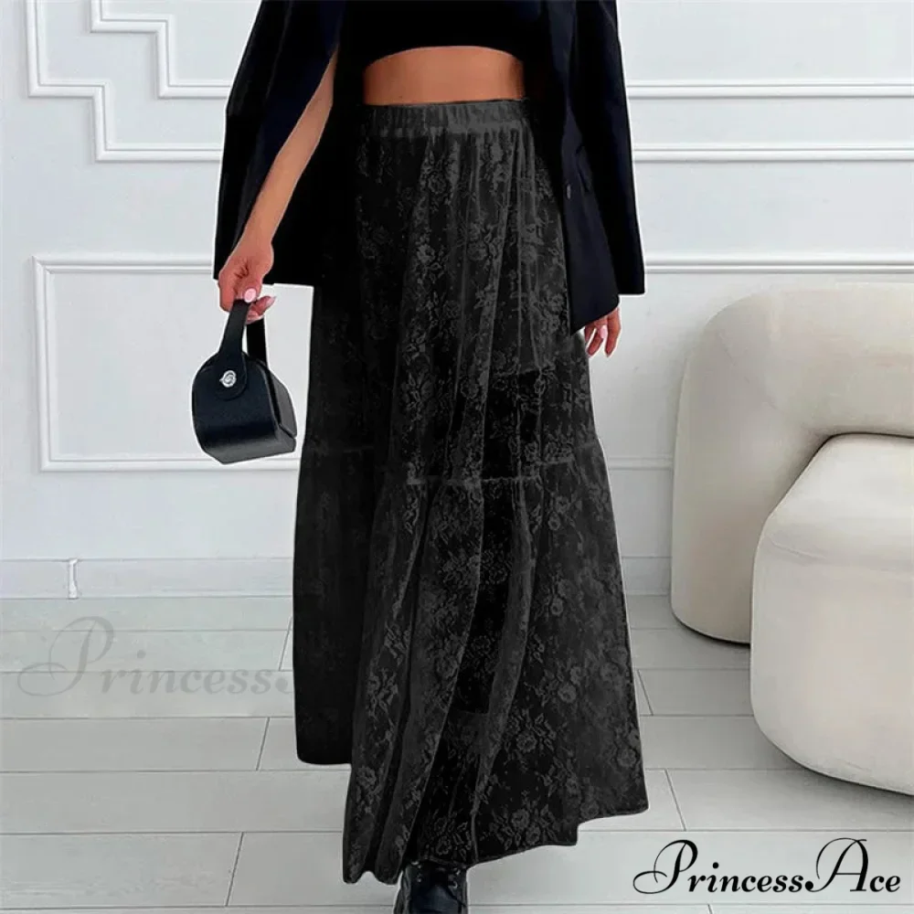 Transparent Floral Lace Stretchy High Waist A-Line Maxi Skirt Holiday Celebration - Image 6