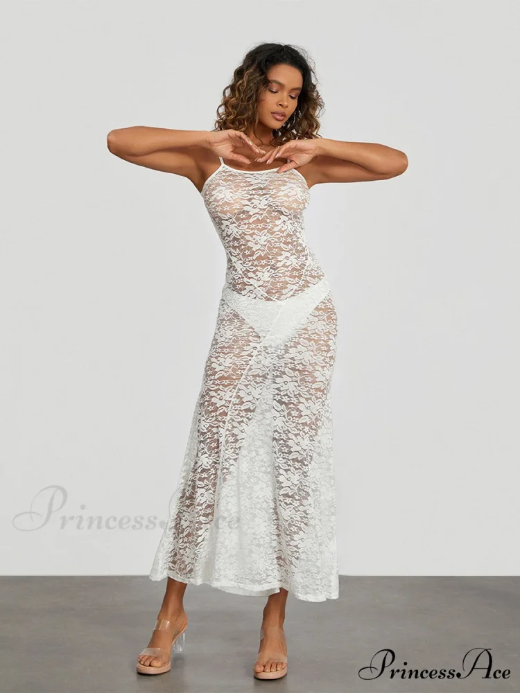 Transparent Ivory Lace Sheer Open-Back Thin Strap Sun Dress - Image 2