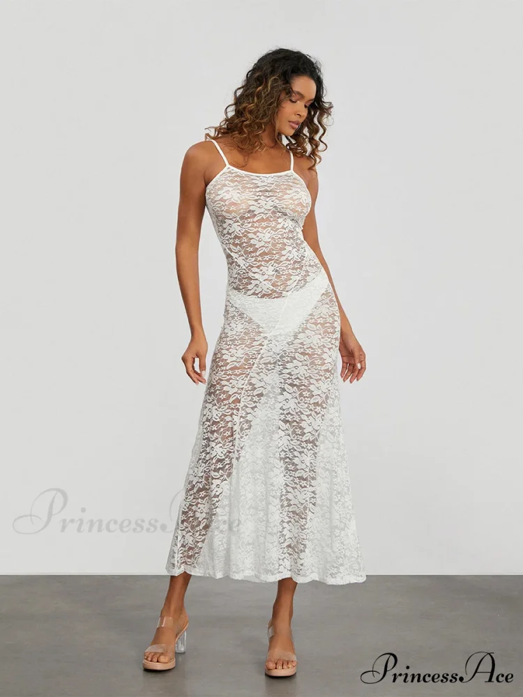 Transparent Ivory Lace Sheer Open-Back Thin Strap Sun Dress - Image 5