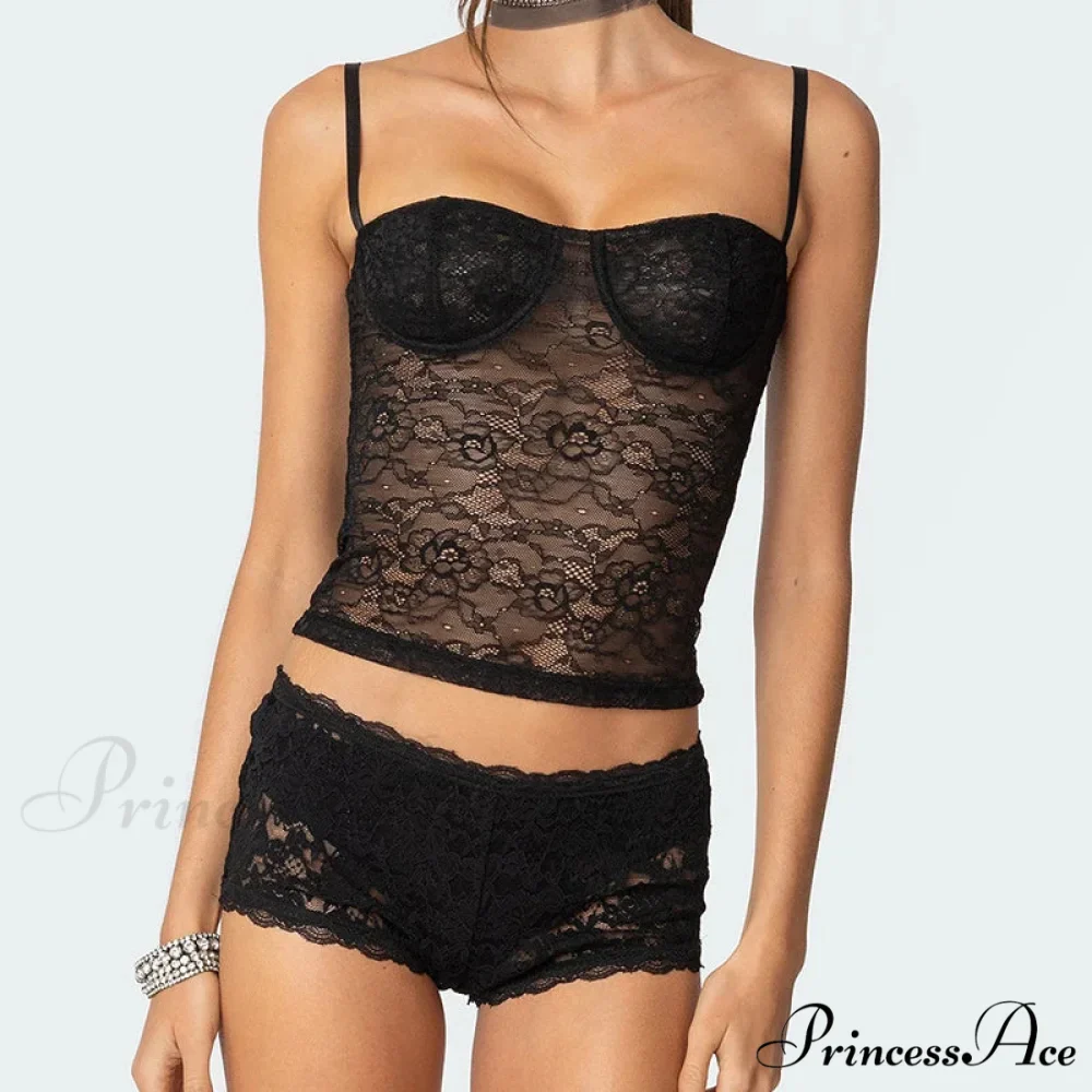 Transparent Lace Cupped Corset Hook Eye Back Crop Top Transparent Shorts Two Pieces Set - Image 2