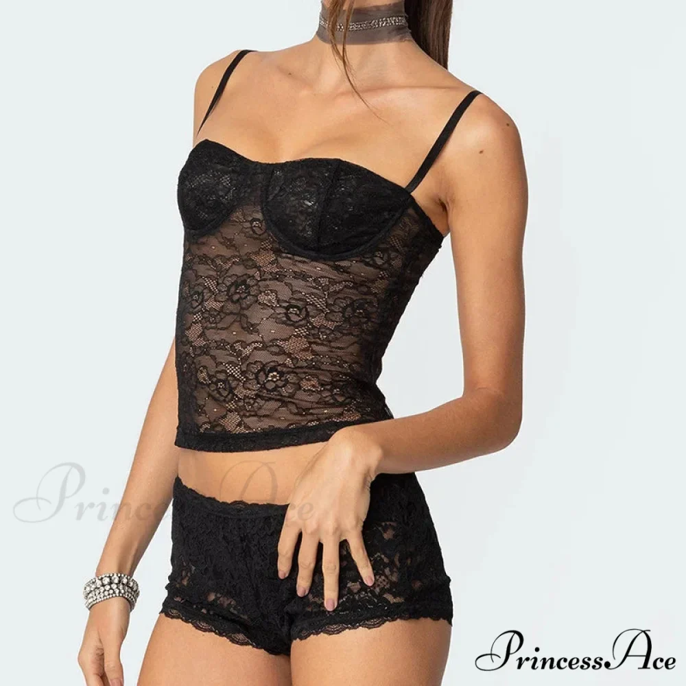 Transparent Lace Cupped Corset Hook Eye Back Crop Top Transparent Shorts Two Pieces Set - Image 3