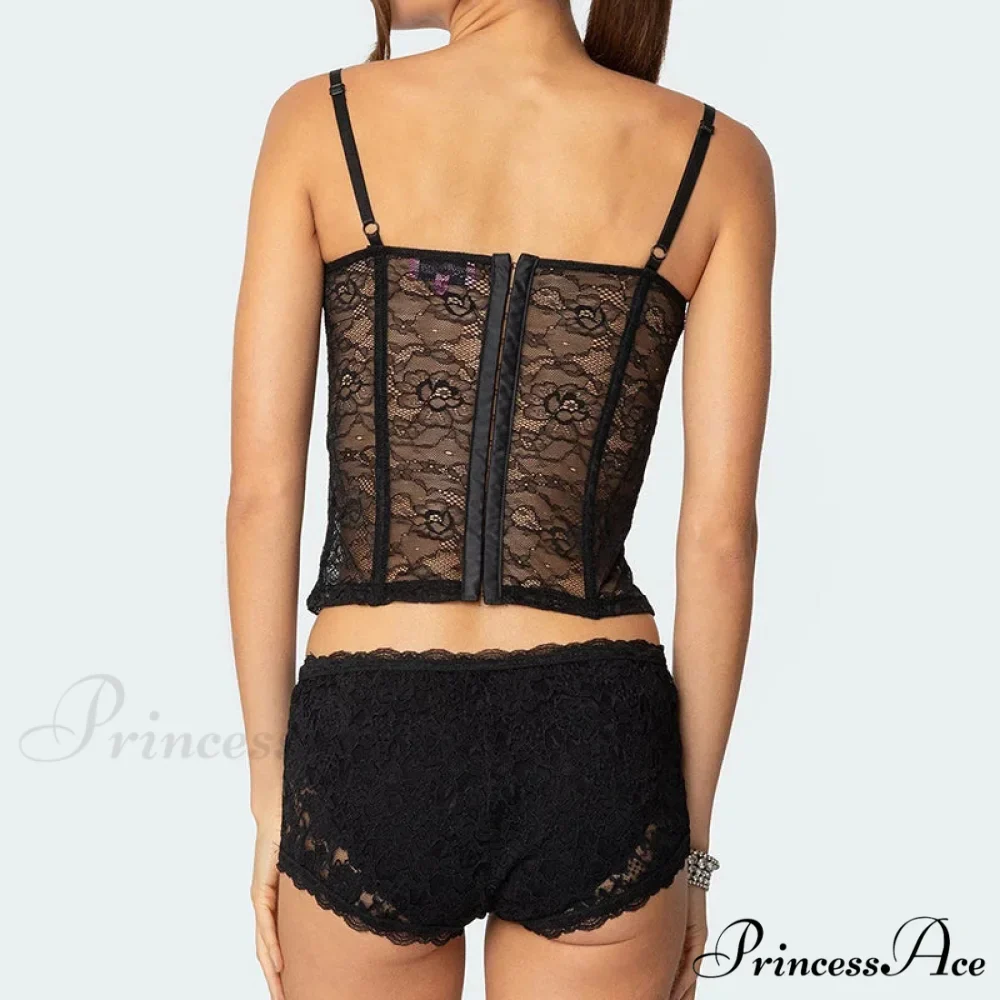 Transparent Lace Cupped Corset Hook Eye Back Crop Top Transparent Shorts Two Pieces Set - Image 4