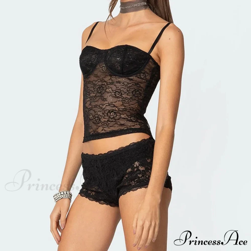 Transparent Lace Cupped Corset Hook Eye Back Crop Top Transparent Shorts Two Pieces Set - Image 5